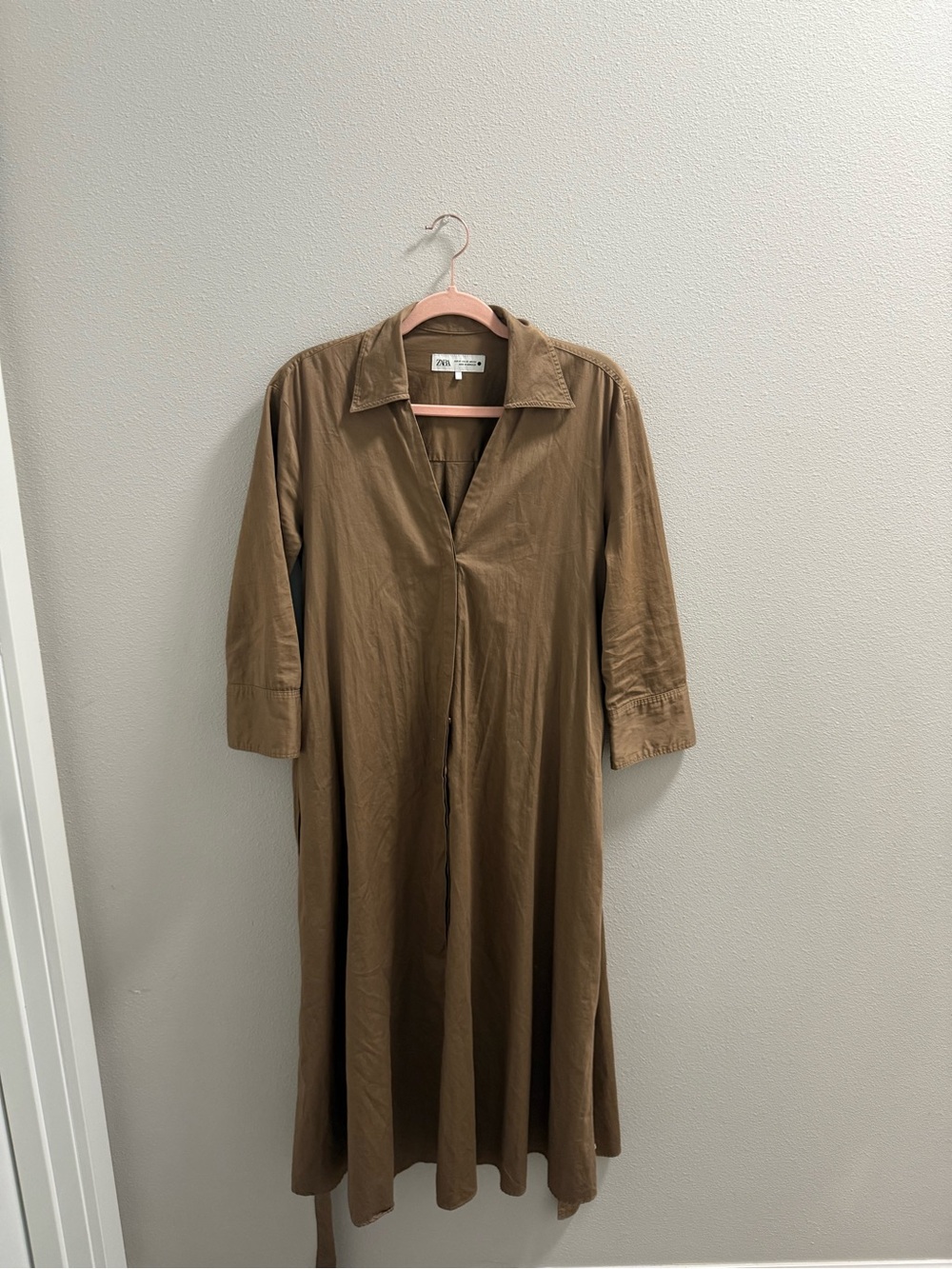 Zara Tan Long Sleeve Collared Midi Dress